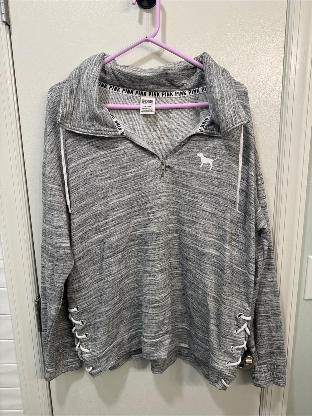 PINK Victoria's Secret Heather Gray Lace-Up Quarter-Zip Pullover